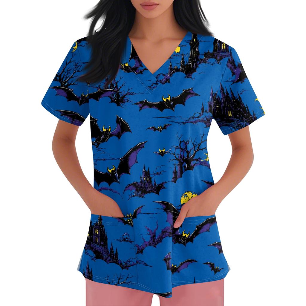 Women Short Sleeve Halloween Print V Neck Pocket Medical Scrub Top Nurse Uniform Shirt Comfortable Fit Durable Fabric
