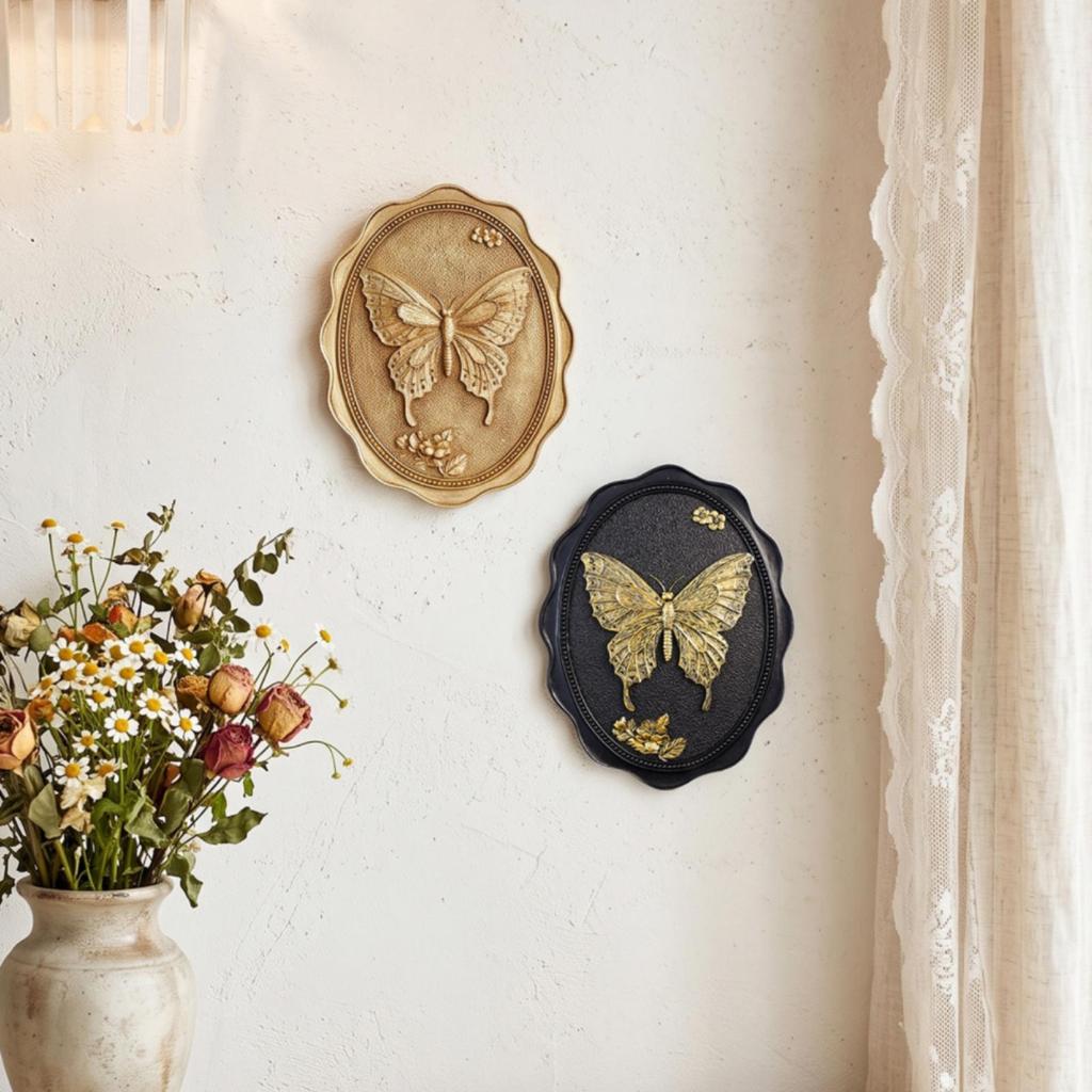 Hand-Painted Butterfly Wall Plaque Sculptural Oval Resin Decorative