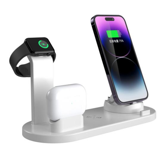 

Беспроводная зарядная станция 4-в-1, быстрая зарядка, вращение на 360 градусов, многофункциональная зарядная база для iPhone/iWatch/Airpods белый