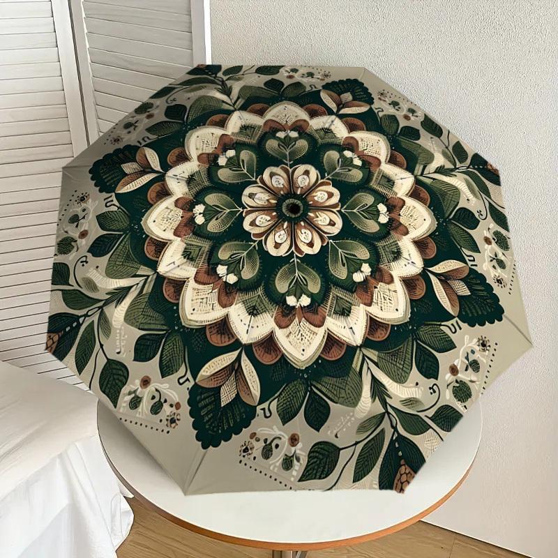 1pc mandala leaves Automatic Open/Close Umbrella with Windproof, 8-Rib Sturdy Canopy, Durable Ribs, Fashionable Design1154A