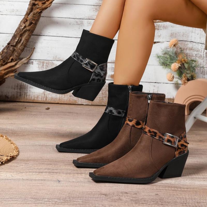 Fashion 2025 New Leopard Print Buckle Winter Large Size Short Boots For Women Thick Heel Ankle Boots Side Zip Fashion Boots Shoes