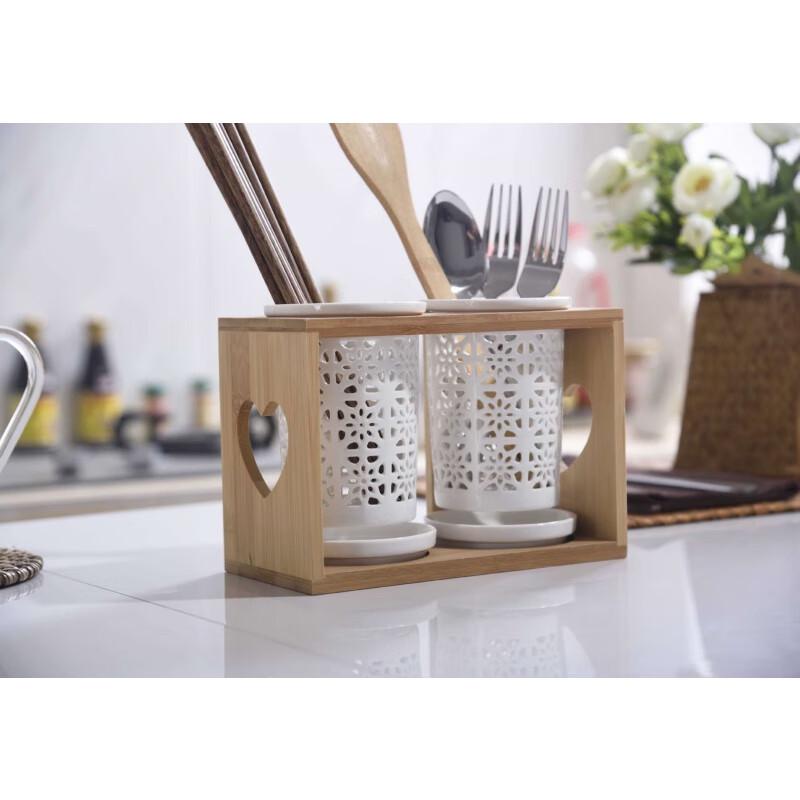 Ceramic Dual Chopstick Holder with Bamboo Drainer