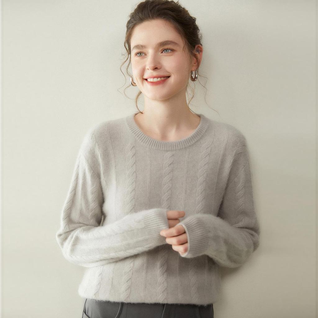 Women's Solid Color Cashmere Pullover: Round Neck, Seven-Stitch Cable Knit, Comfortable and Gentle Style, Warm Base Layer Sweater.