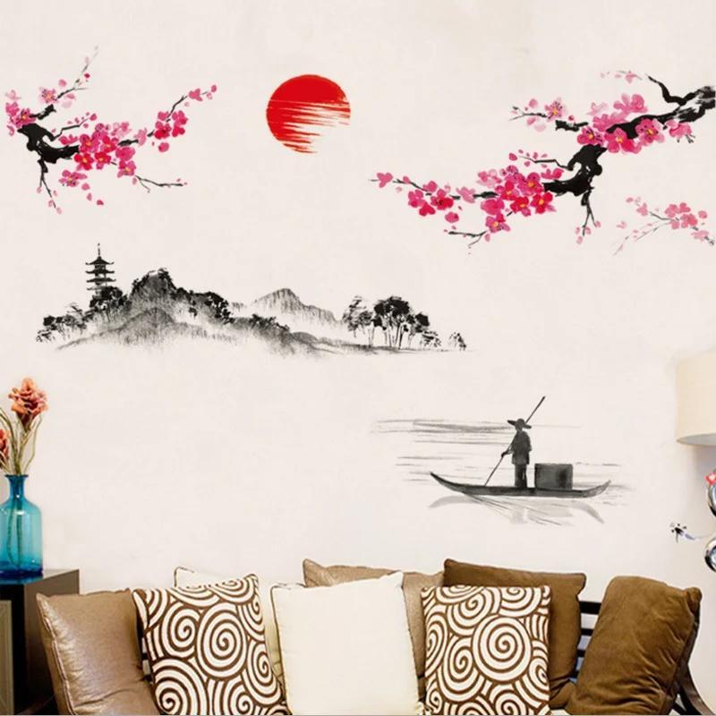 Creative Plum Sunrise Landscape Chinese Style Art Wall Stickers Living Room Bedroom Background Home Decor Mural Decals Wallpaper