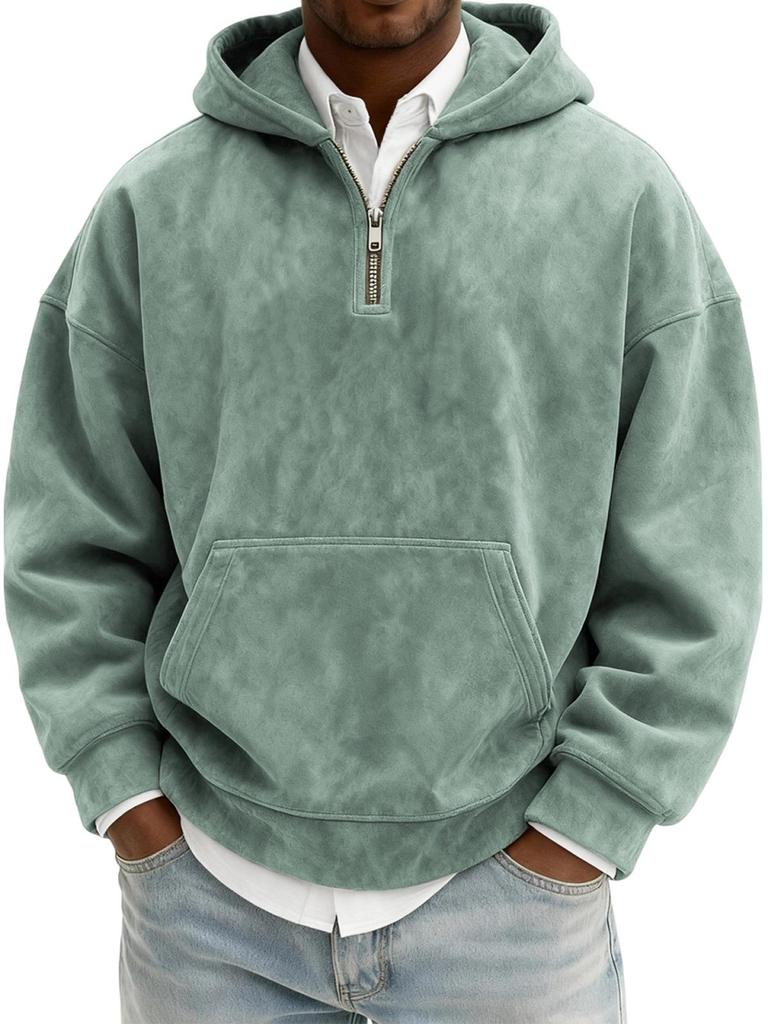 Herren Retro Gewaschener Wildleder Halbzip Hoodie - Herbst/Winter Unifarben