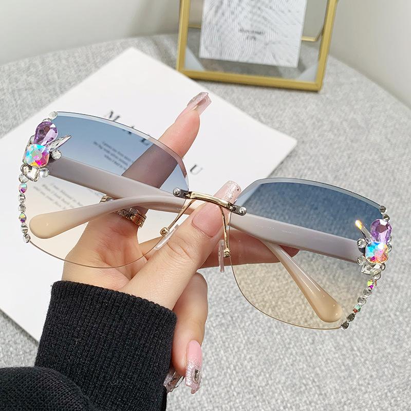 Frameless Cut Edged Diamond Clad Sunglasses Women's UV Sunglasses Marine Sunglasses
