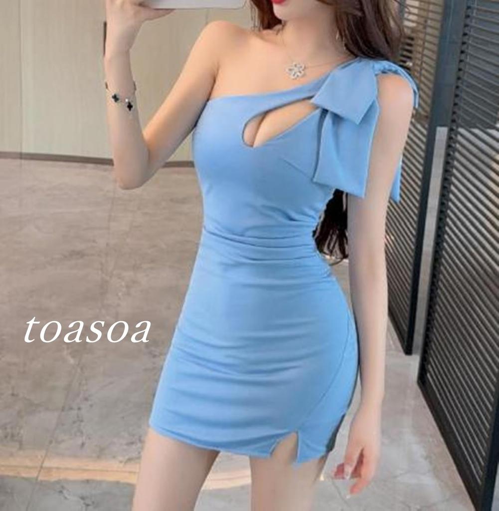 Toa Soa Mini Ribbon Dress Light Women's One-Shoulder (XL, Blue)