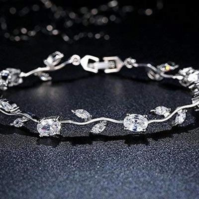 Valentine Gift for Girls Bracelet for Women and Girls White Crystal Bracelets for Women | Rose Leaf Shaped Silver Toned Crystal Bracelet |