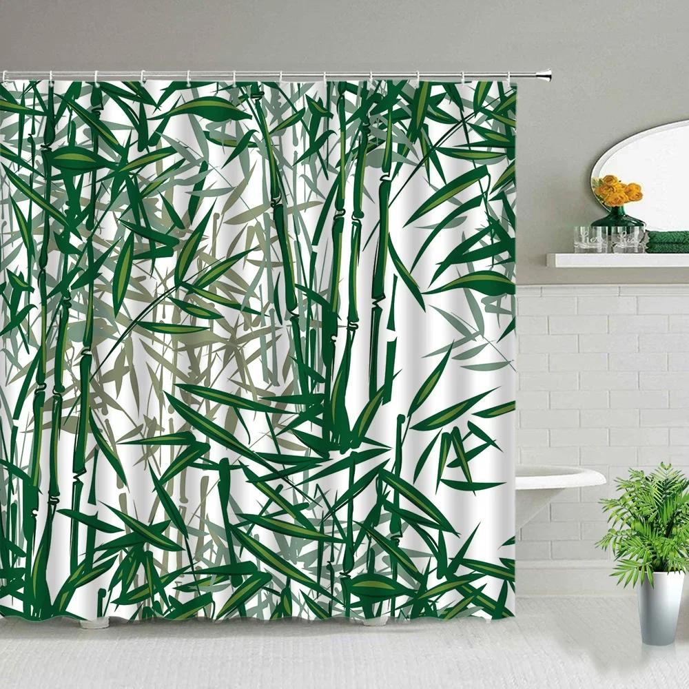 Chinese Style Green Bamboo Series Shower Curtain Set Waterproof Home Bathroom Decor Curtains With Hook Popular Bath Accessories
