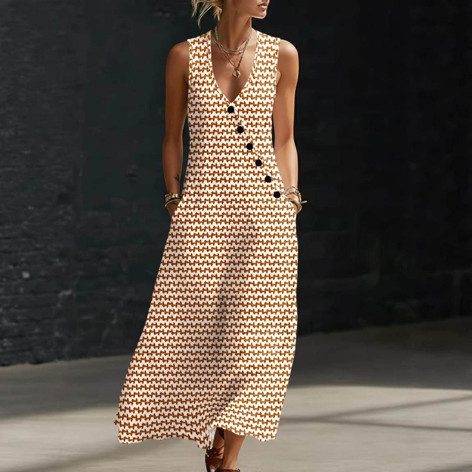 

Summer Dresses For Women Flowy Casual Midi Dress Beach Vacation Sundresses With Pockets L бежевый