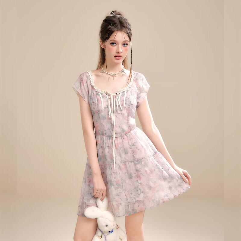 

UNIFREE Floral French Style U-Neck Dress S