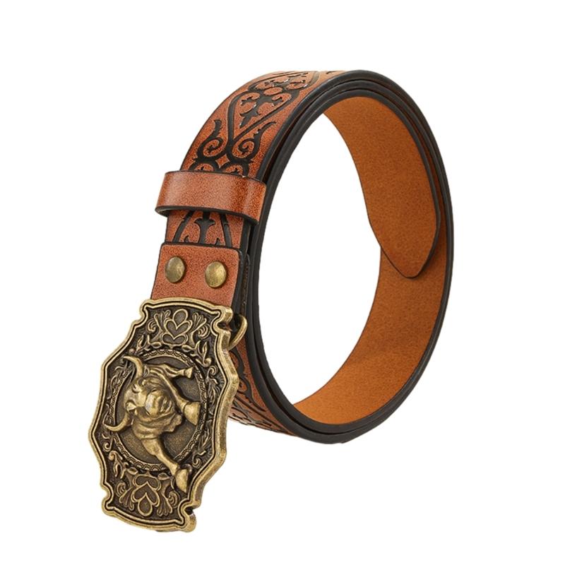 

Vintage Men Teens Relief Bull Head Waist Belt PU Embossed Pattern Cowboy Belt 1