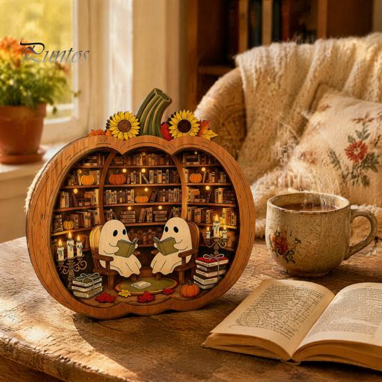 Fall Harvest Home Decoration Halloween Ghost Wooden Tabletop Ornament, 2D Flat Cute Reading Bathing Thanksgiving Table Centerpiece Watering