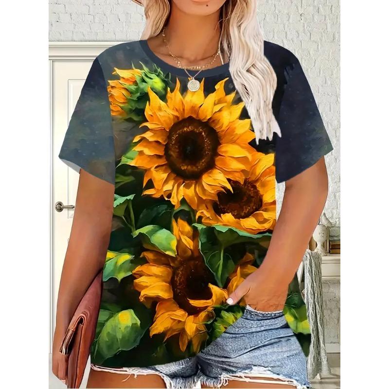 

Plus Size Women s 3D Printed Sunflower Pattern T-shirt An Elegant Casual Crew Neck Short Sleeved Top XS