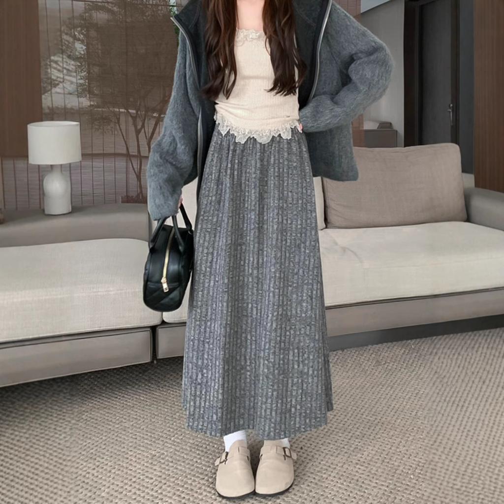 Autumn Winter Thicken A Line Skirts Casual High Waisted Long Skirt Vintage Midi Skirts