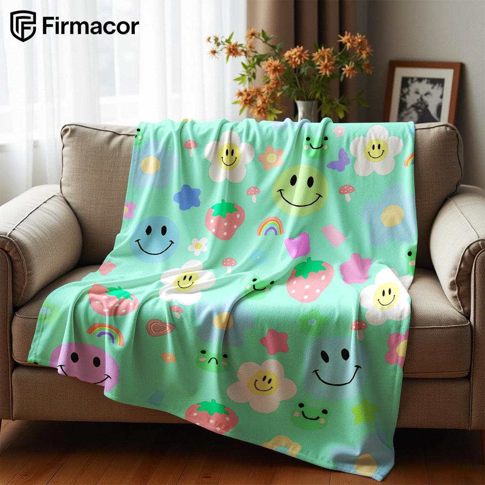 Mint Cute Mix Cartoon Sticker Cartoon Anime Print Flannel Blanket Soft Warm Throw for Kids Bedroom Sofa Christmas Office Car
