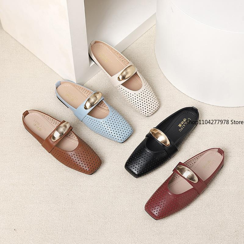 Fashion Spring New Flat Shoes 2025 Round Head Shallow Mouth Breathable Metal Buckle Soft Sole Non-slip Single Shoes Women's Hollow Mules