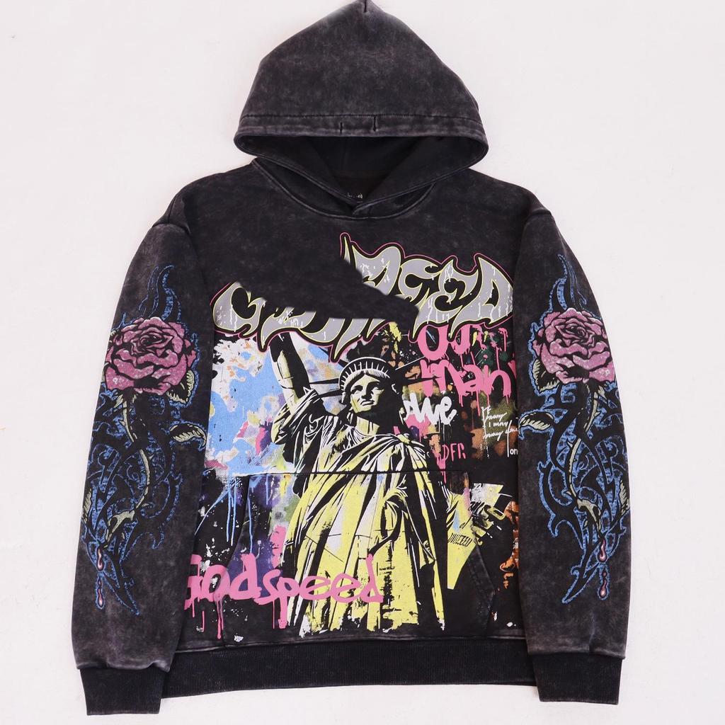 Godspeed Wash-Faded Building Print Men's Loose Hoodie - European & American Trend