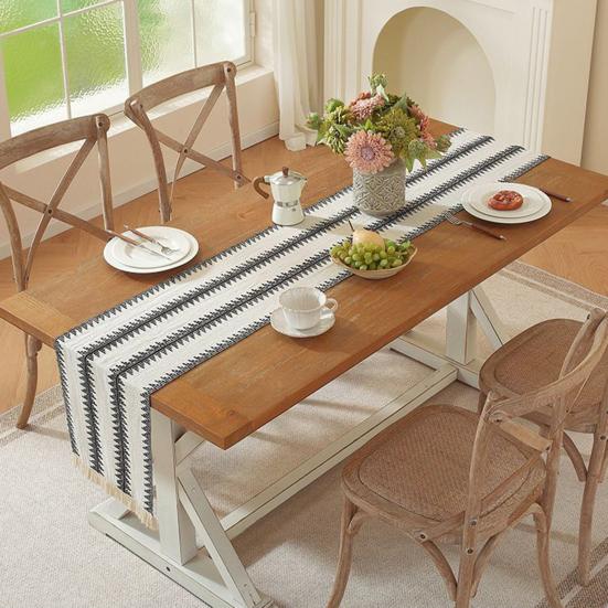 Bohemian Table Runner Knitted Table Runner with Tassels Black White Table Runner Dining Table