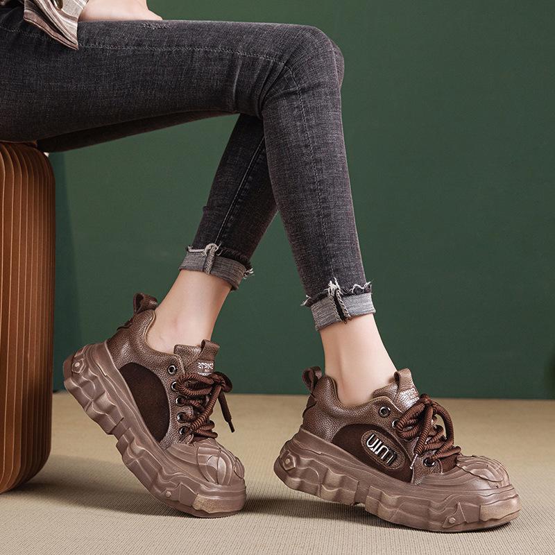 2025 New Women's Genuine Leather Wedge Heel Loafers - British Style, Thick Sole, Mid-Heel, Round Toe for Autumn/Winter