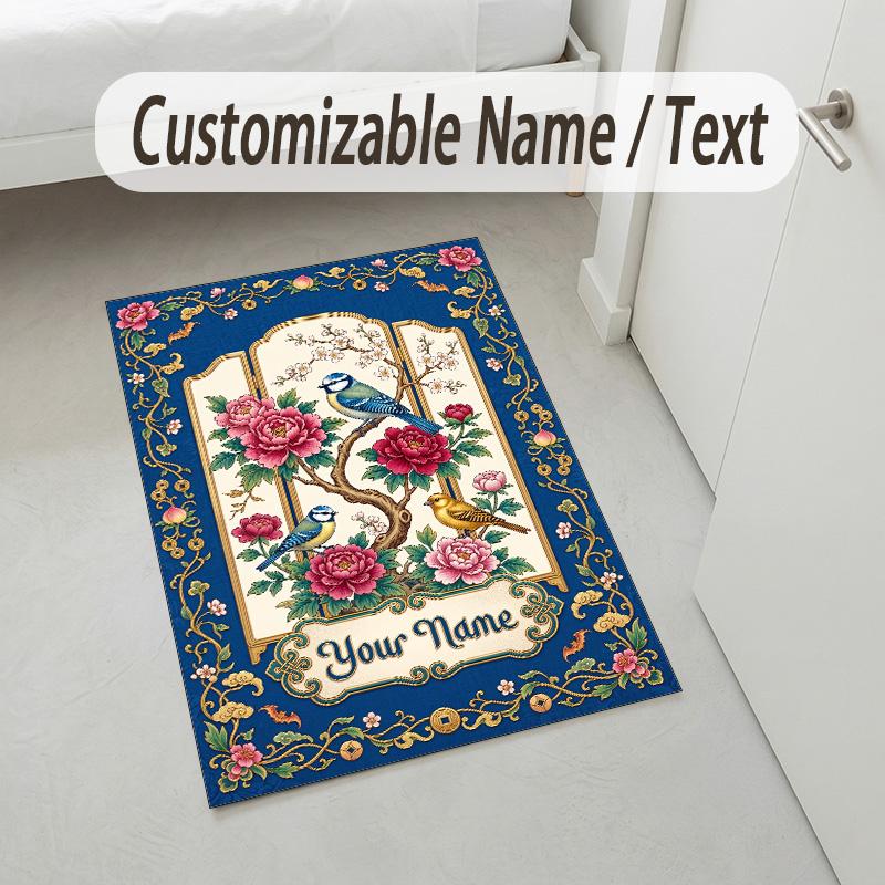 Floral Birds Artwork Theme Soft Crystal Velvet Rug Custom Name & Text Print Non Slip Floor Rug for Bedroom Living Room