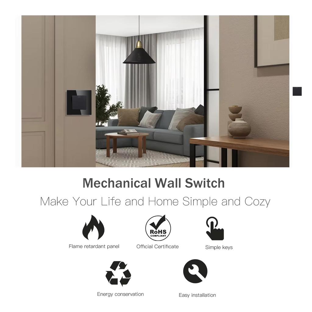 BSEED 1/2/3Gang Mechanical Light Switches 2way For Stairs Corridors with EU Power Sockets USB Type-c Ports Glass Panel Black