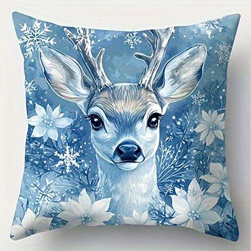 

Light Blue Christmas Throw Pillow Covers, Snowman Deer Print Cushion Cases for Winter Festive Decor 16x16Inch