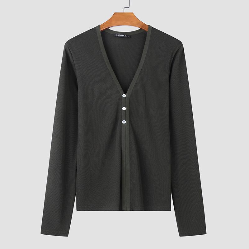 INCERUN Men V Neck Long Sleeve Buttons Rib Casual Fitted Tops T-shirts Undershirts