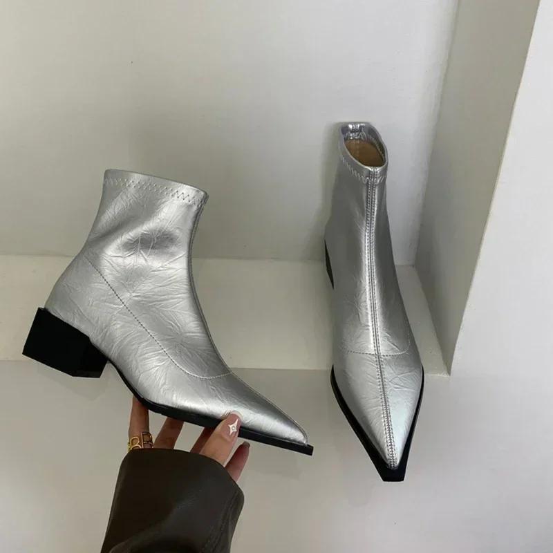 Fashion Pointed Toe Women Ankle Boots Fashion Thick Heel Slimming Short Booties Autumn Winter Soft Leather Female Shoes