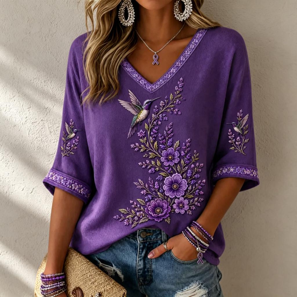 Women's 3D Print Loose Fit V-Neck Three-Quarter Sleeve T-Shirt for Casual Everyday Wear