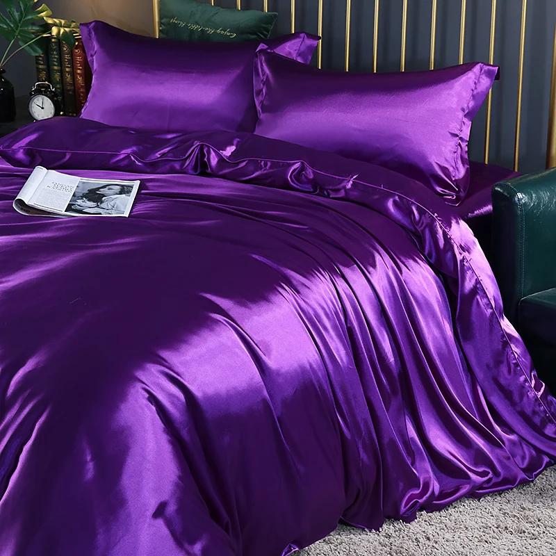 

Silk Bedding Set with Duvet Cover Fitted/Flat Bed Sheet Pillowcase Luxury Satin Bedsheet Solid Color King Queen Twin Size Flat Bed Sheet&Twin Size 4 pcs темно-фиолетового