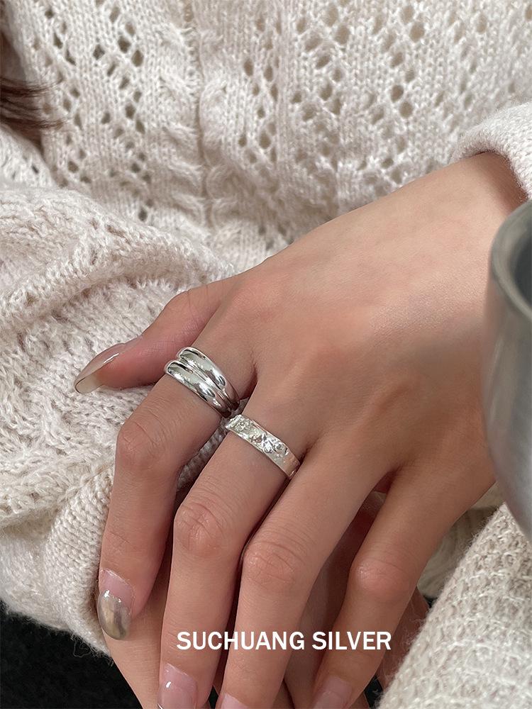 Su Chuang S925 Sterling Silver Textured Open Ring for Women - Versatile High-End Stacking Design