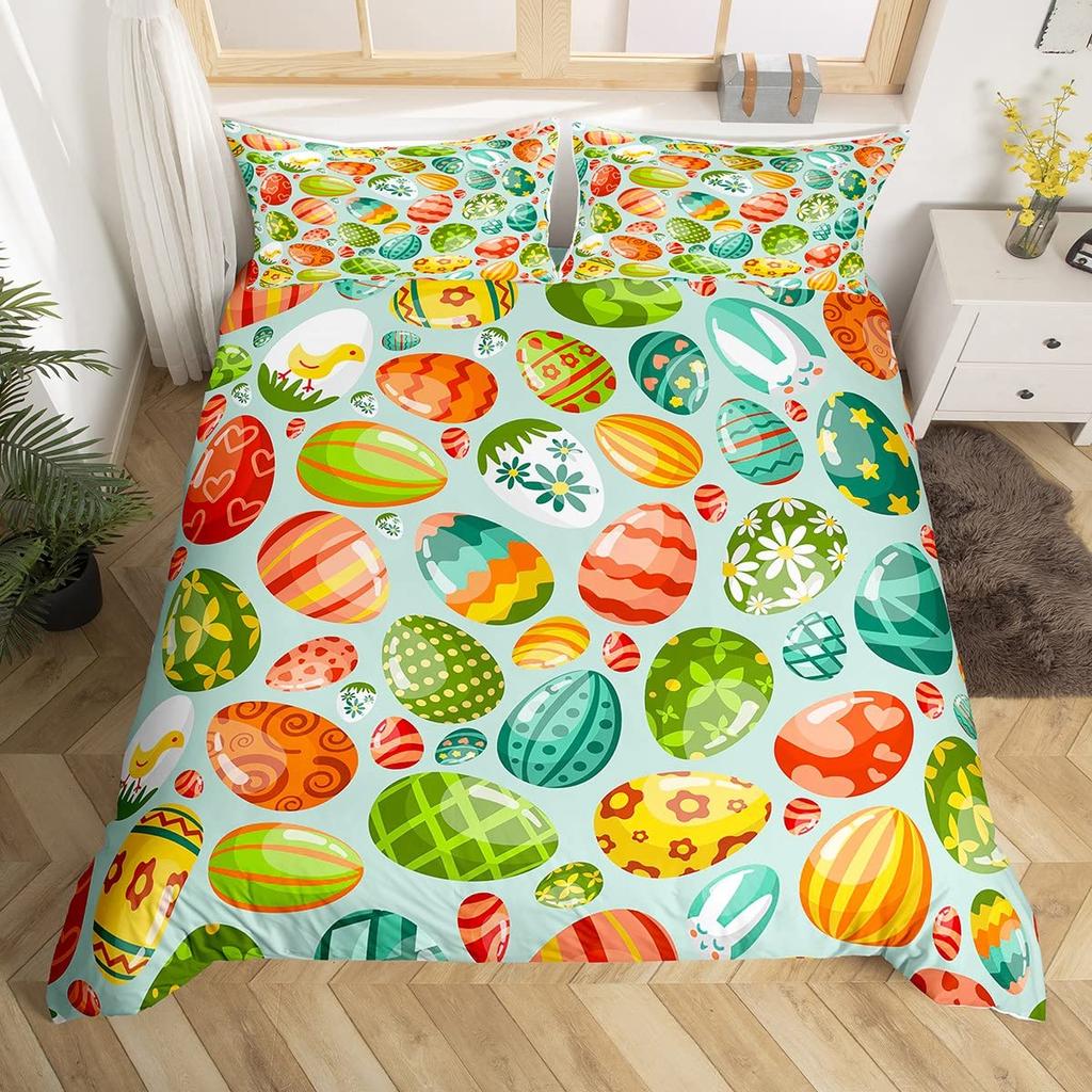 Watercolor Easter Eggs King Queen Bedding Set Happy Easter Themed Duvet Cover Toddlers Rainbow Easter Egg Polyester Quilt Cover