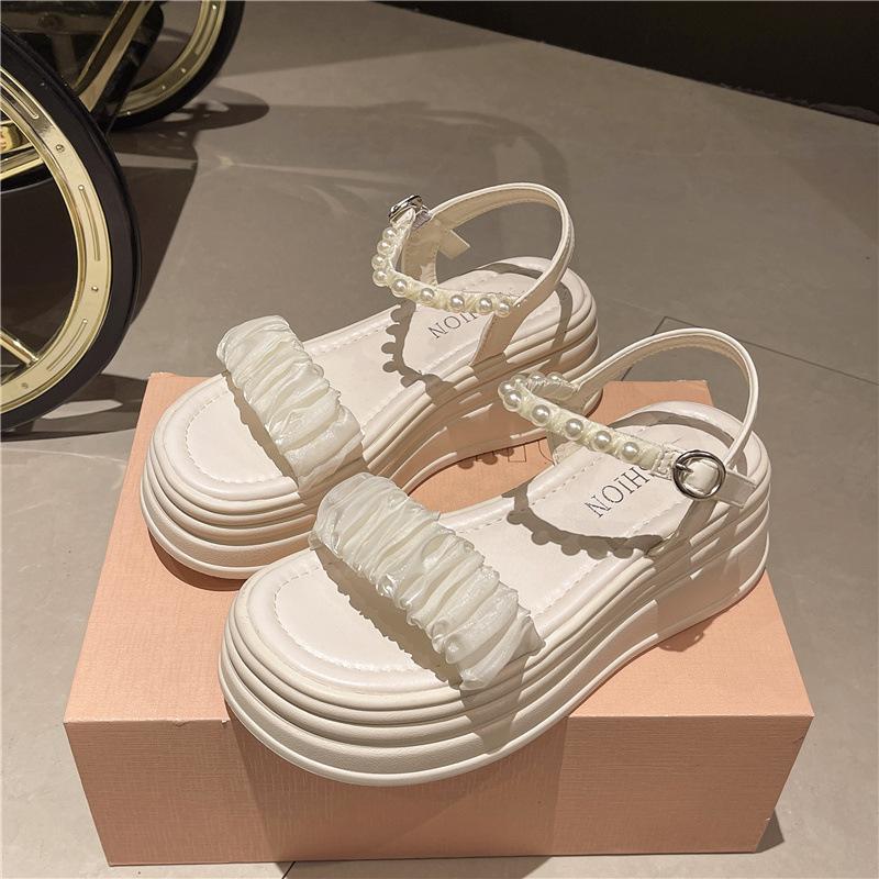 Fashion Sweet Pearl Platform Sandals Women's 2025 New Korean Version One-word Strap Flat Women's Shoes Comfortable Beach Shoes