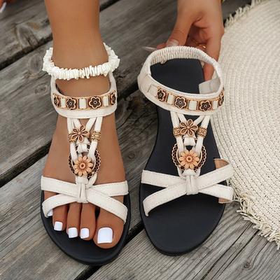 Sommerblumen Perlenbesetzte Böhmische Sandalen für Damen Römischer Stil Bequeme Flache Sandalen Frau Leichtgewichtige Rutschfeste Strandschuhe