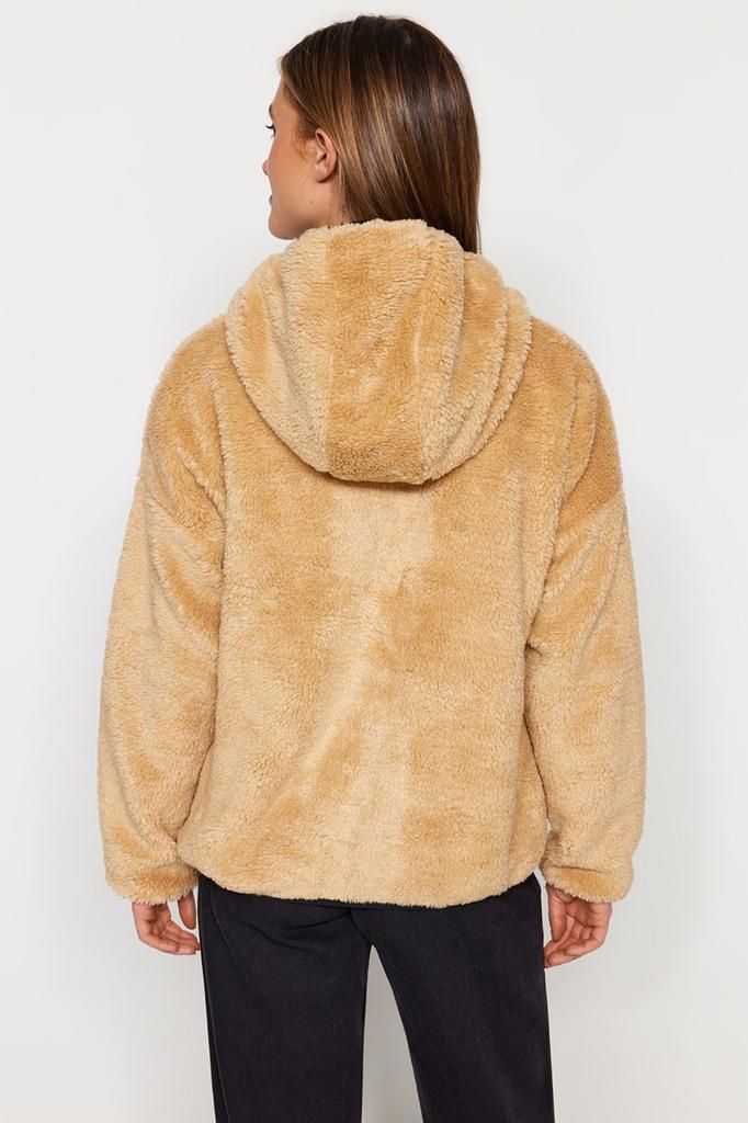 Damenmode Neuer Mantel Camel Oversize Kapuzentasche Detaillierter Plüschmantel