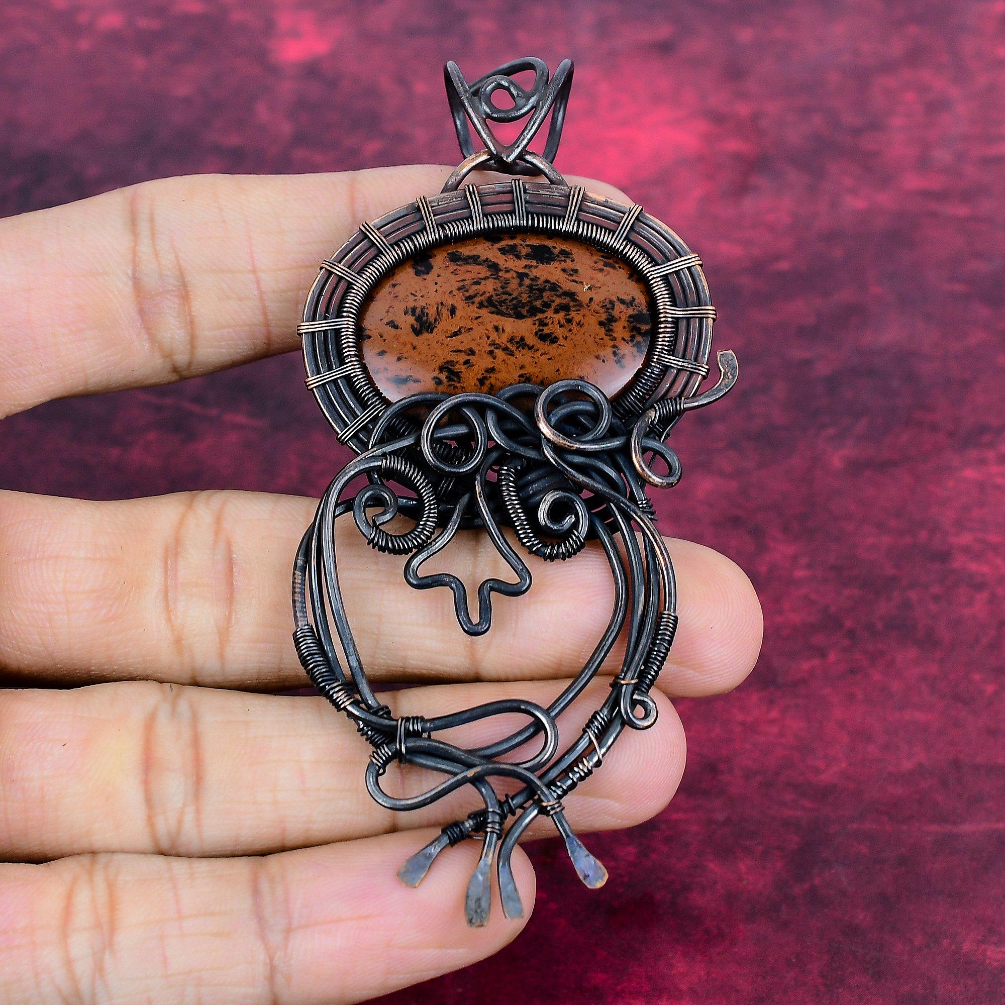 Mahogany Obsidian Pendant Handmade Gemstone Pendant Copper Wire Wrapped Jewelry
