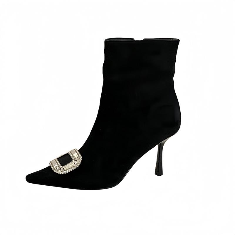 Mi Ting pointed head high heel short boots women's autumn and winter rhinestone square buckle side zipper fashion boots fashionable black short boots