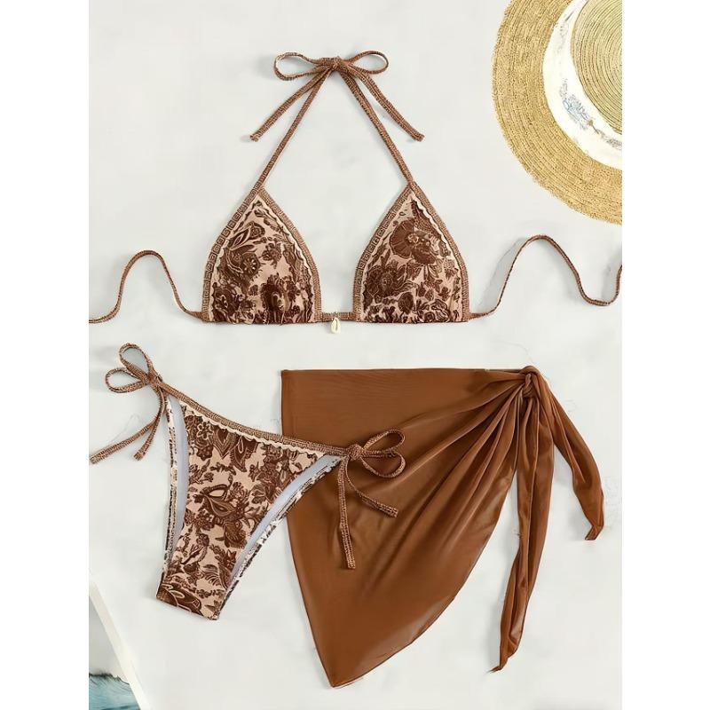 Women's Pink Paisley 3 Piece Bikini Set Halter Triangle Swimsuit With Cover Up Skirt