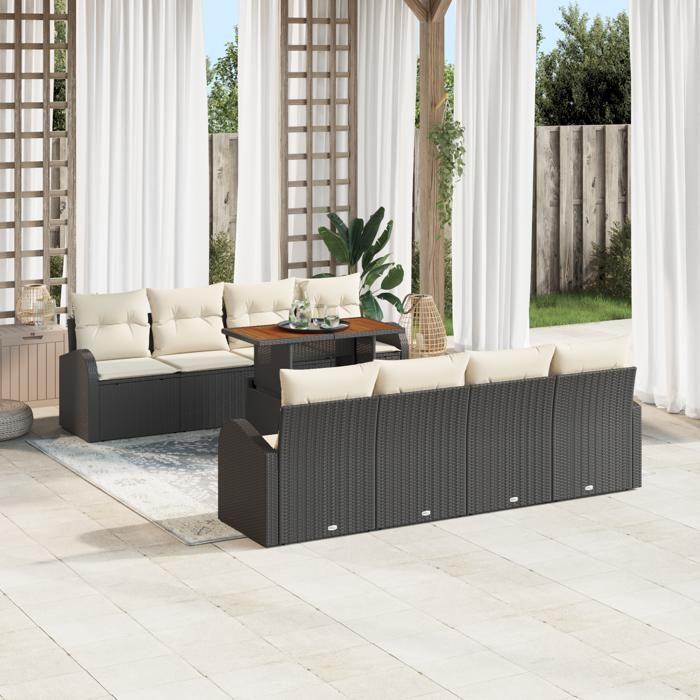 VidaXL Ensemble de salle à manger de jardin en 9 pièces avec coussins Noir Rattan Acacia 3349557