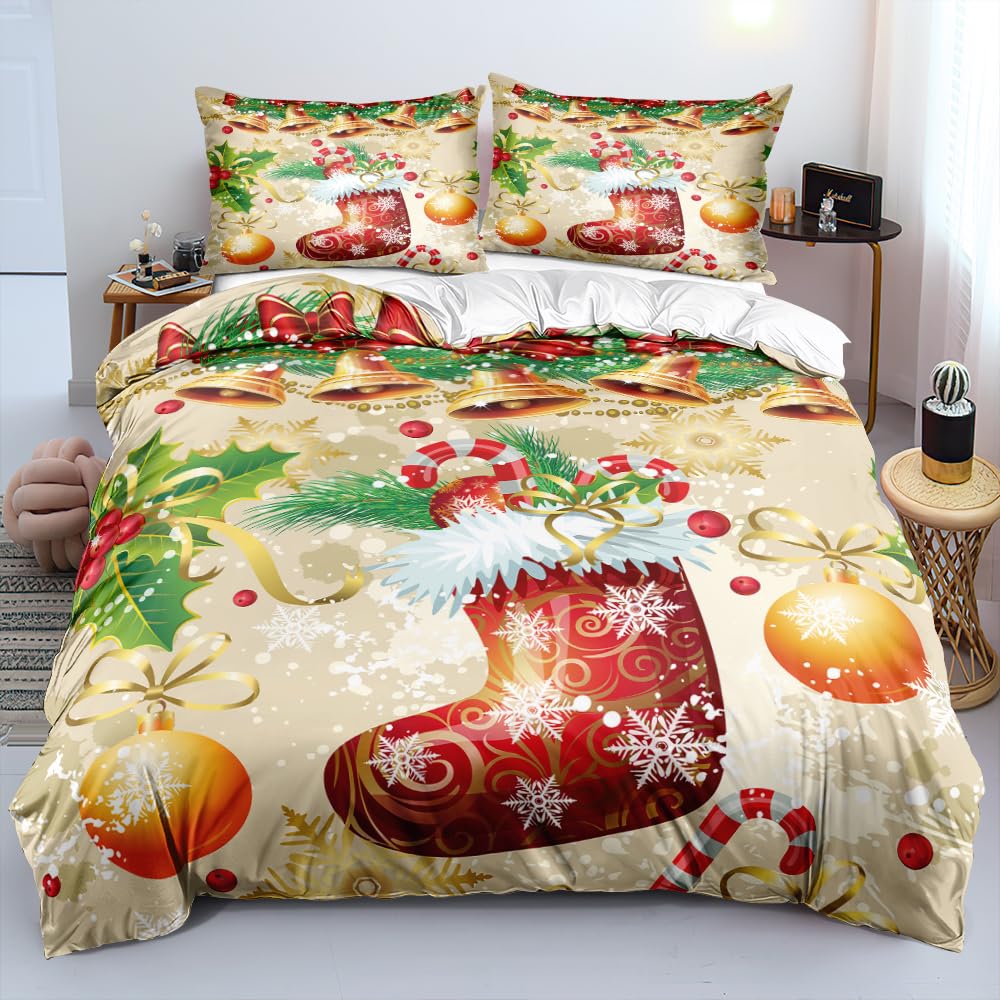 

Merry Christmas Duvet Cover Set Red Bow Pattern Comforter Covers And Pillow Shams Buff Color Bedding Sets Twin Size Xmas Decor EU Single(135*200cm)3pcs