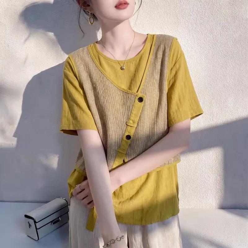 Women s Yellow Plaid Fake Two-Piece Short Sleeve Casual Blouse M жёлтый
