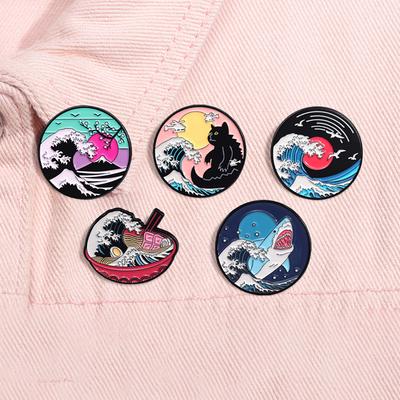 Ukiyo-e Style Wave Enamel Pins Ocean Sunrise Sunset Shark Mount Fuji Brooches Lapel Backpack Badge Jewelry Gift for Friends