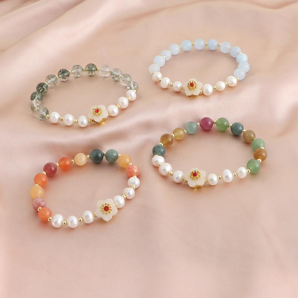Natural freshwater pearl powder crystal aquamarine crystal bracelet peach blossom hand jewelry bracelet small fresh jewelry