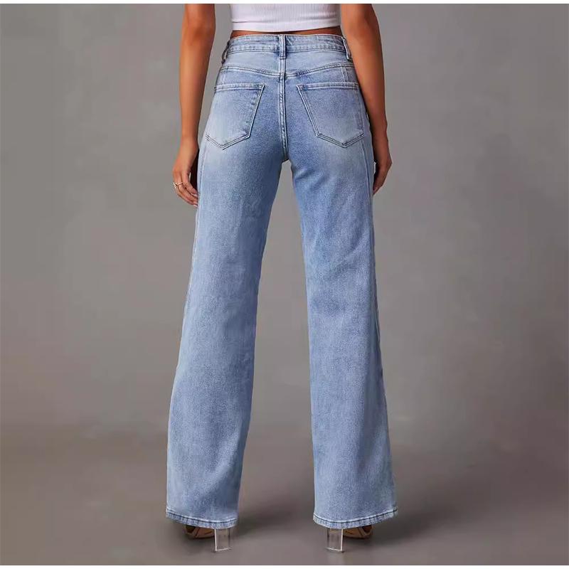 2026 Spring Summer Loose Slim-Fitting Patchwork Wide Leg Women's Jeans Solid Color Denim Pants Trousers Office Lady Jean