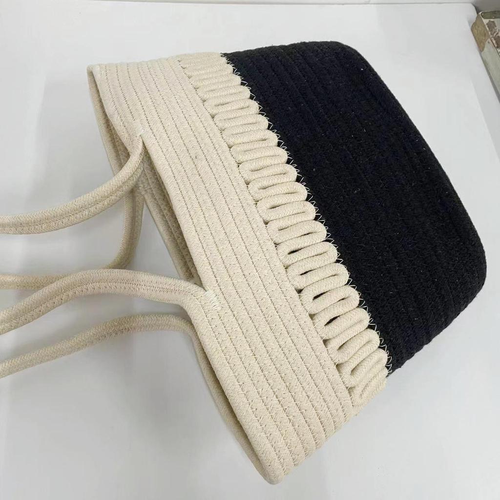 Retro Style Women's Color Block Large Cotton Rope Woven Beach Bag