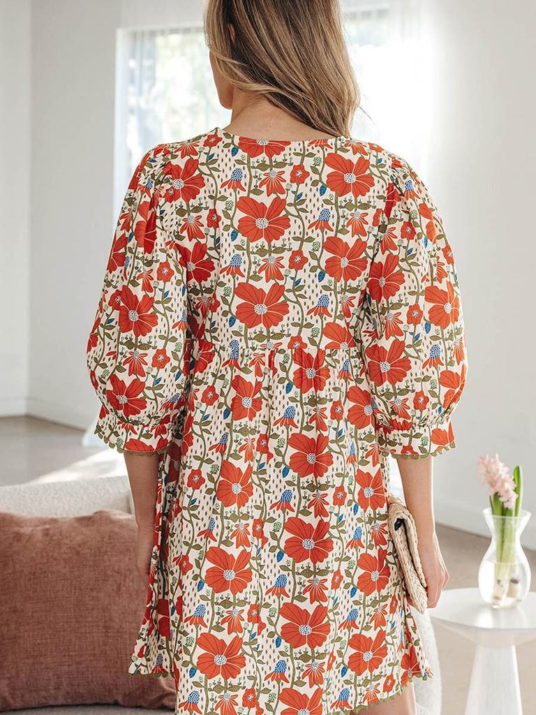2026 Summer V-Neck Floral Print Dress: Versatile European and American Fashion Loose Cover-up Short Skirt for Women