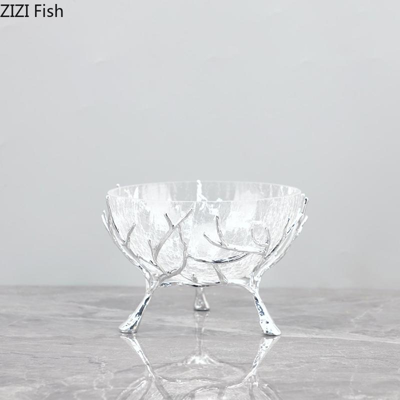 Ice Cracked Texture Fruits Bowl Golden Branches Bracket Glass Storage Tray Snacks and Nuts Bowl Home Kitchen Dessert Cutlery