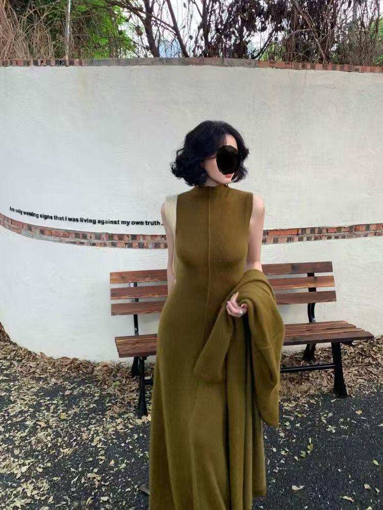 Hochgeschlossenes ärmelloses Strickkleid & Mantel Cardigan Zweiteiler-Set