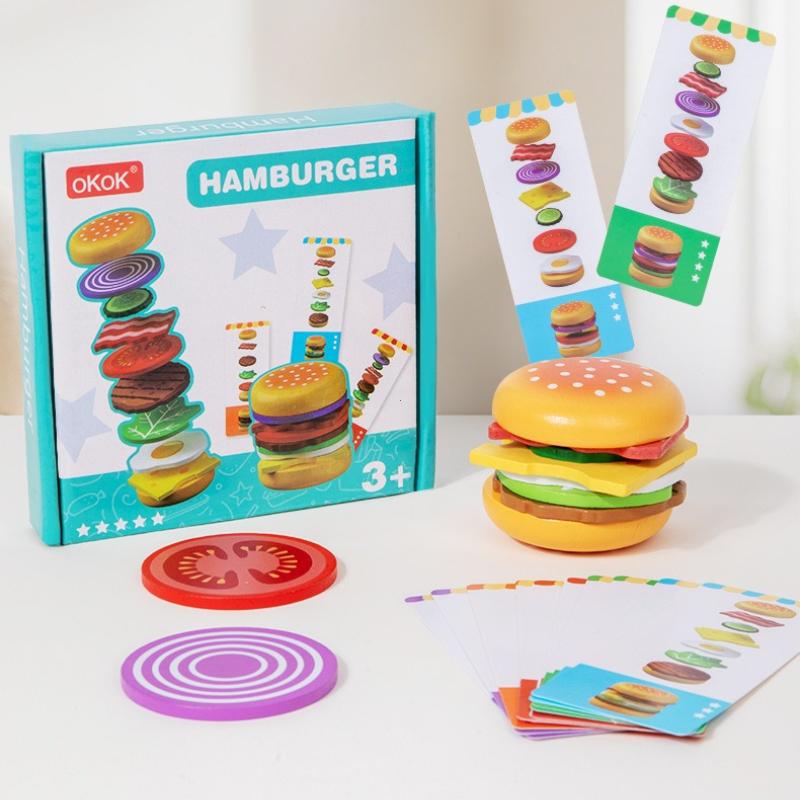 1pc Wooden Hamburger Pretend Play Stacking Game Food Theme Matching Toy with Pattern Cards Suitable for Children Ages 3+